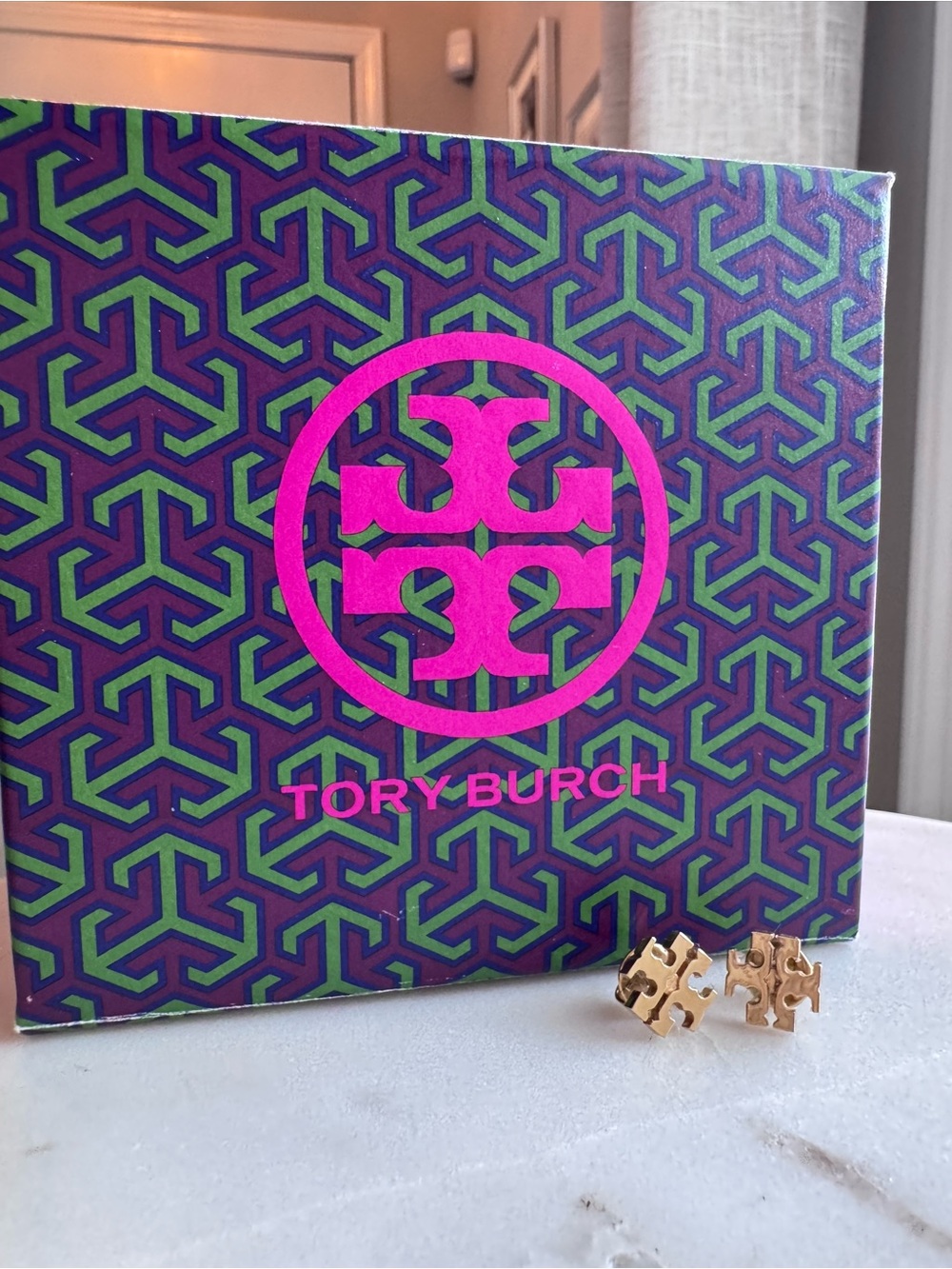 Tory Burch Gold Double-T Earrings with Pink Logo Box